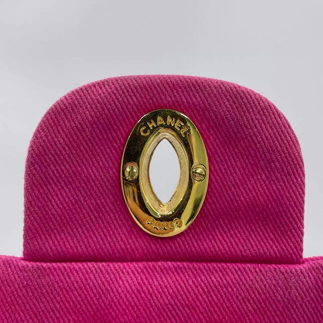 Chanel RARE Vintage Classic Maxi 34 Flap Hot Pink Denim Giant CC 24 Gold Hardware