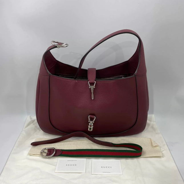 Gucci Jackie 1961 Burgundy Large Pebbled Leather Shoulder Bag with Strap
