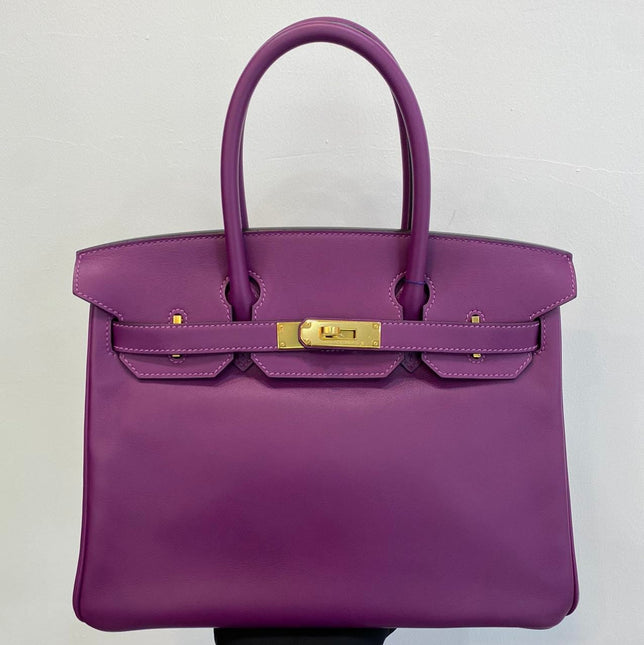 Hermes Birkin 30 HSS Special Order Anemone Purple Swift Leather Mango Yellow Interior GHW, 2017