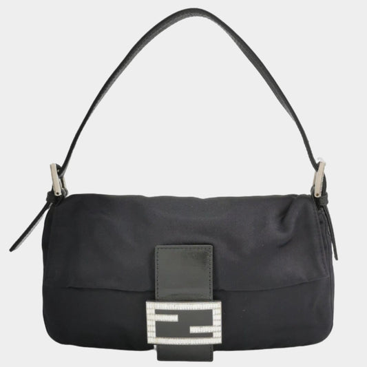 FENDI Baguette Black Silk Satin with Crystal Buckle Shoulder Bag-Luxbags