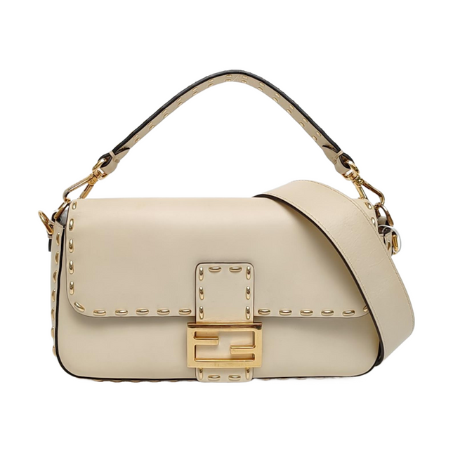 Fendi Baguette Selleria Medium White Calfskin Leather Gold Studs Crossbody Bag-Luxbags