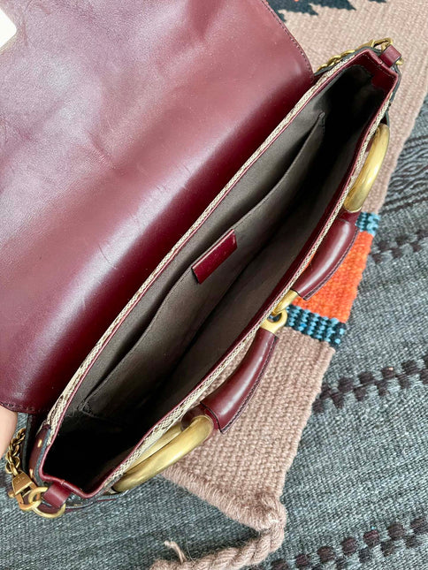 Gucci Horsebit 1955 Large Cloth Beige Monogram Burgundy Leather Shoulder bag