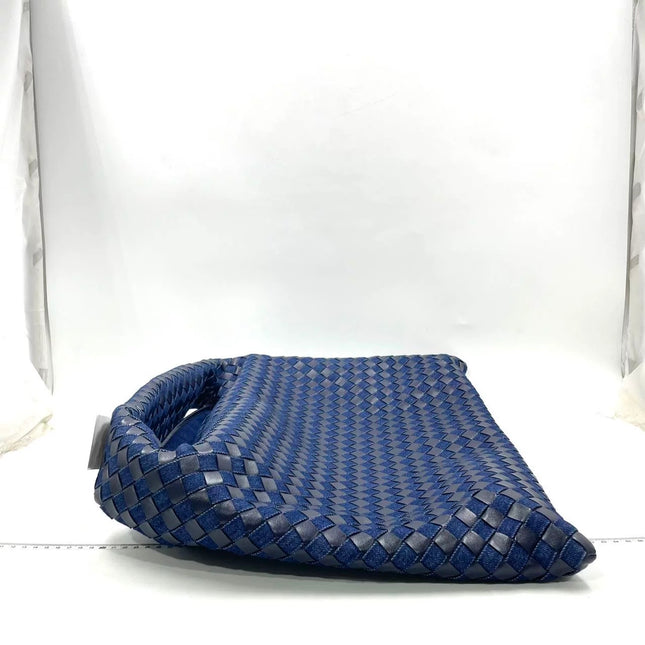 Bottega Veneta Hop Large Leather and Denim Intrecciato Navy Hobo Bag 55cm