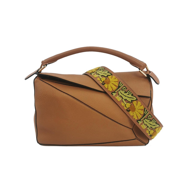 Loewe Puzzle Medium Brown Leather with Embroidered Multicolor Strap-Luxbags