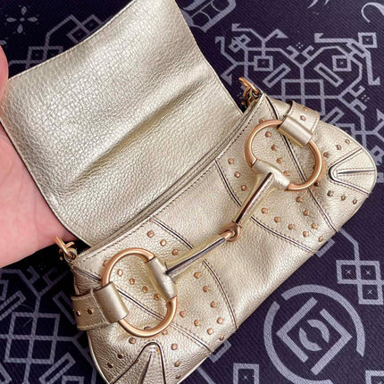 Sold Gucci Horsebit 1955 Chain Bag Pearlescent Gold Leather and Gold Studs