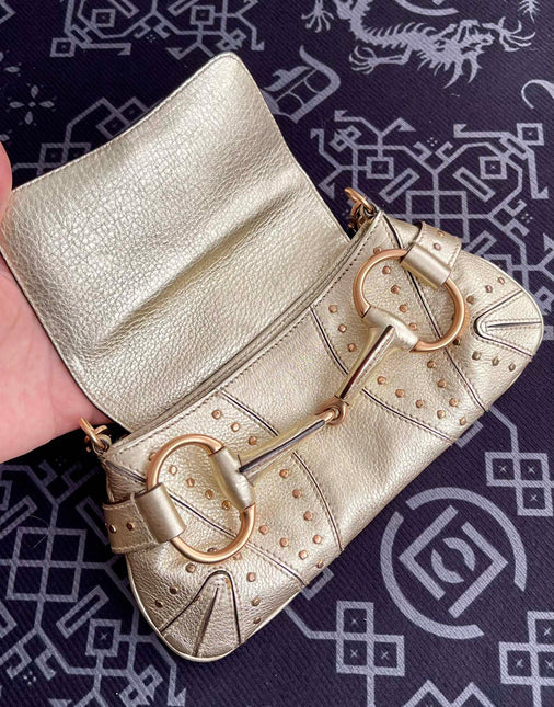 Sold Gucci Horsebit 1955 Chain Bag Pearlescent Gold Leather and Gold Studs