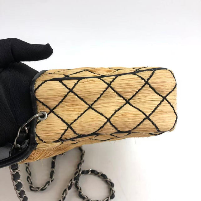 Chanel Medium Straw Wicker Flap Bag Black Diamond Wild Stitch