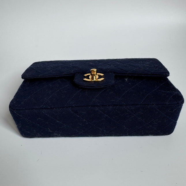 Chanel Classic Flap Small Vintage Navy Fabric 24k Gold Hardware Linked Chain Strap