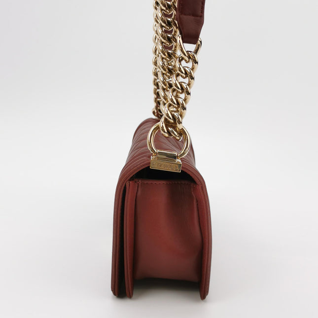 Chanel Le Boy Small Burgundy Lambskin Leather Antiqued Gold Hardware