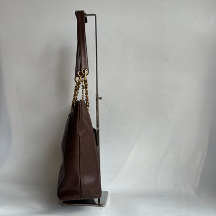 Chanel Vintage Front Pocket Tote Chocolate Brown Caviar Leather Double Gold Leather Chain