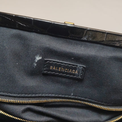 Balenciaga Pouch Black Crocodile Pattern Shiny Calfskin Leather With Strap