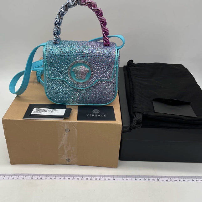 Versace La Medusa Mini Crystal Embellished Top Handle Bag in Blue Pink