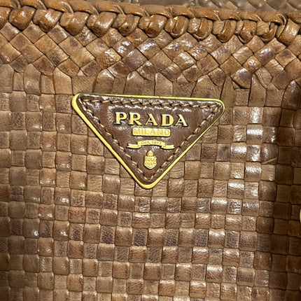 Prada Madras Brown Woven Leather Top Handle Shopping Tote