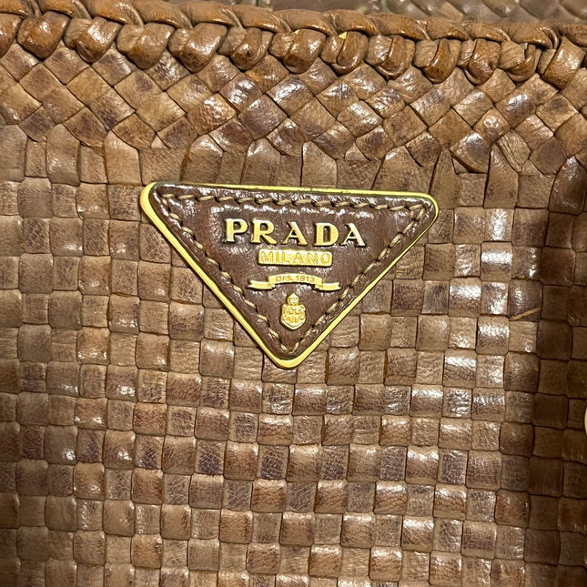 Prada Madras Brown Woven Leather Top Handle Shopping Tote
