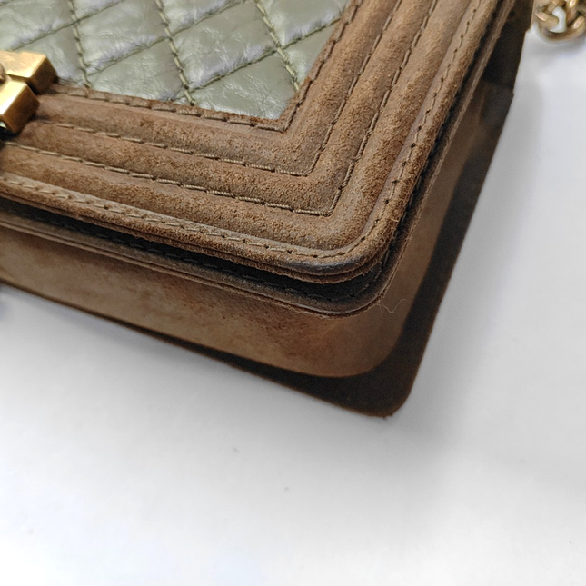 Chanel Le Boy Medium Dark Green Calfskin Brown Suede Leather Bag Gold Hardware