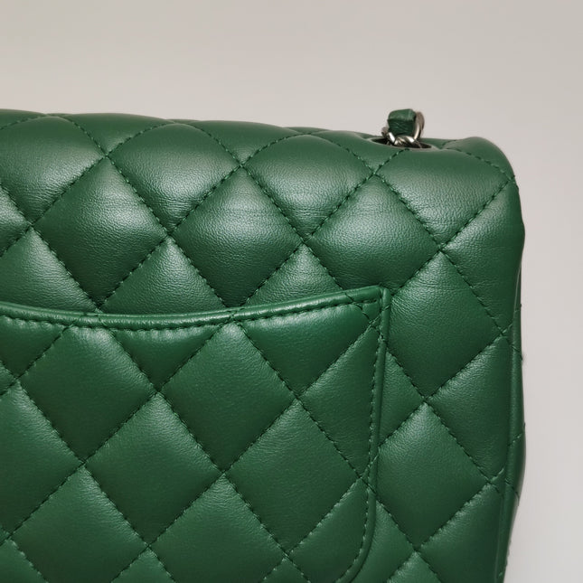Chanel Classic Flap Mini Rectangular Green Lambskin Leather Silver Hardware