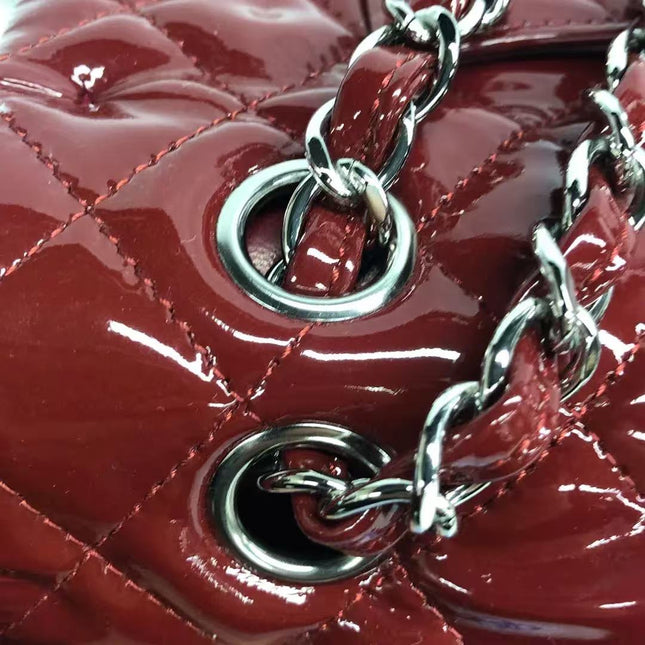 Chanel Classic Flap Medium 2012 Red Burgundy Patent Leather Silver Hardware