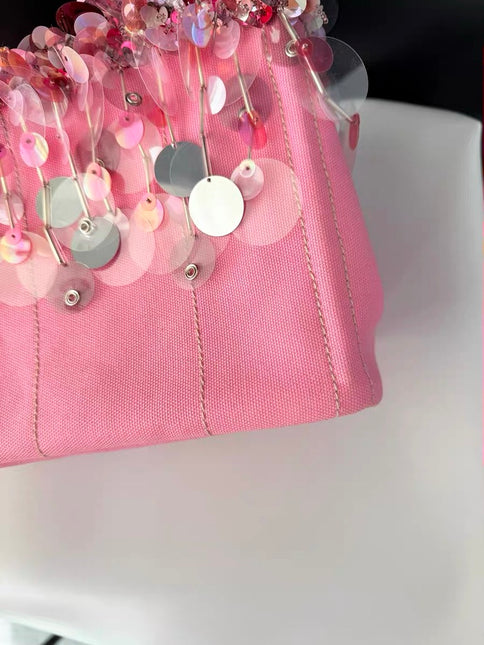 Prada Canape Small Pink Canvas with Sequins Top Handle Bag with Strap Rare