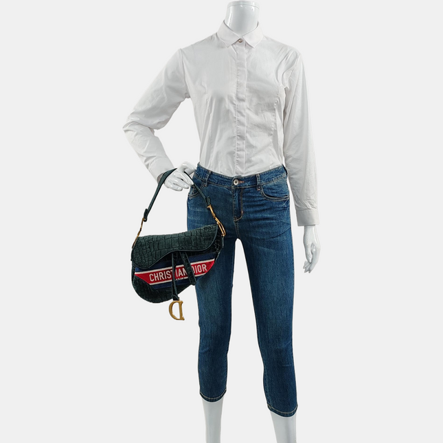 Dior Saddle Medium Green Velvet Crocodile Style Print Handbag