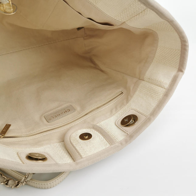 Chanel Deauville Tote Light Beige Stripes Cloth Leather Chain Handle Small 34cm