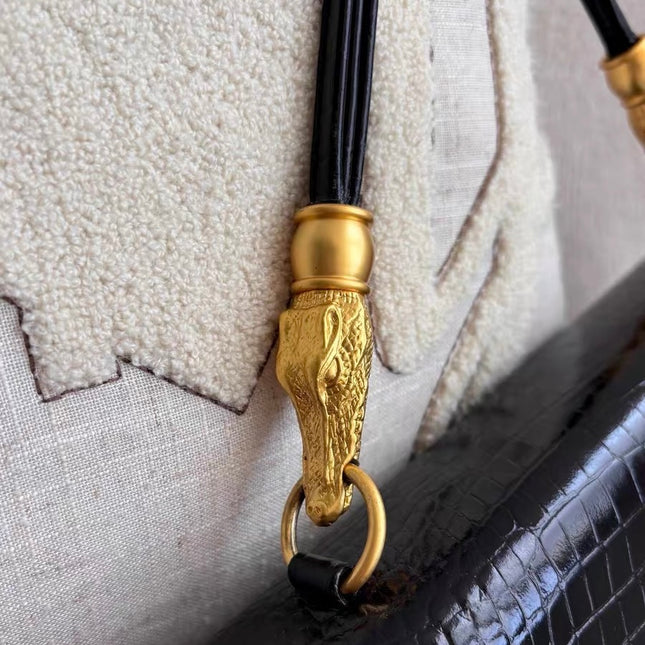 Hiroko Koshino Black Crocodile Print Calfskin Leather East West Clutch Bag