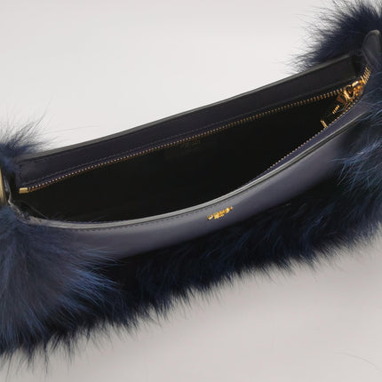 FENDI O Lock Navy Leather and Faux Fur Shoulder Bag