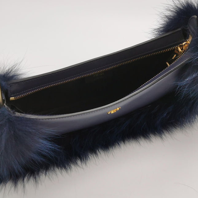 FENDI O Lock Navy Leather and Faux Fur Shoulder Bag