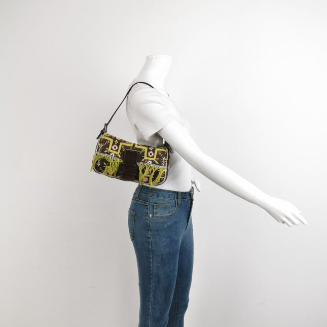 Fendi Baguette Vintage Brown Canvas with embroidery sequins mirrors and tassels