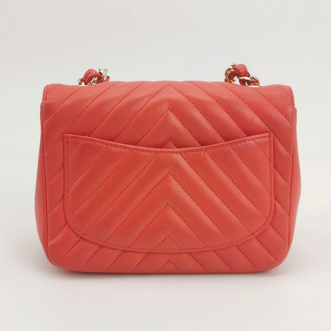 Sold Chanel Classic Flap Square 2019 Coral Orange Chevron Lambskin Leather Bag