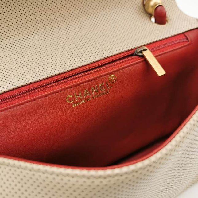 Chanel Vintage Classic Flap Bi-color Beige Perforated Leather and Red Leather Strap Bag, 2000-2002
