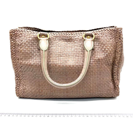 Prada Madras Brown Woven Leather Top Handle Shopping Tote Medium