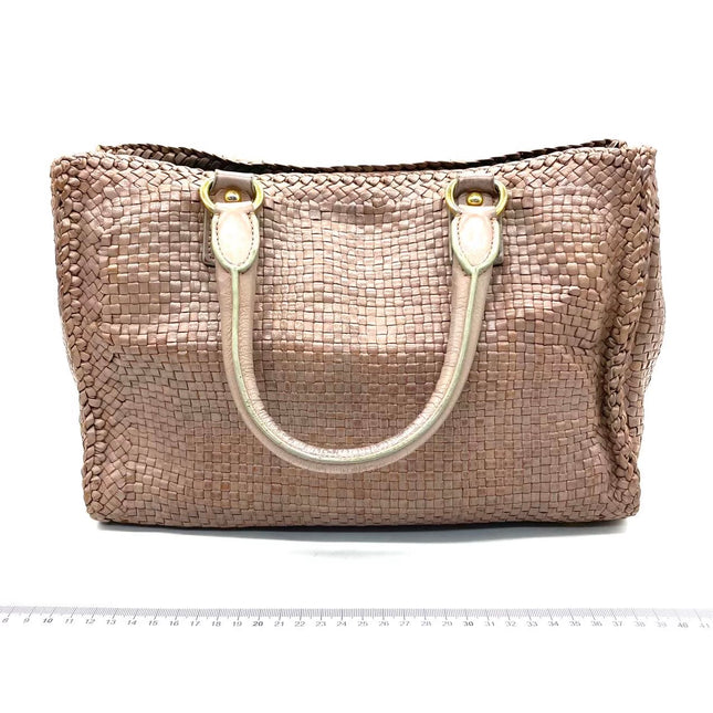 Prada Madras Brown Woven Leather Top Handle Shopping Tote Medium