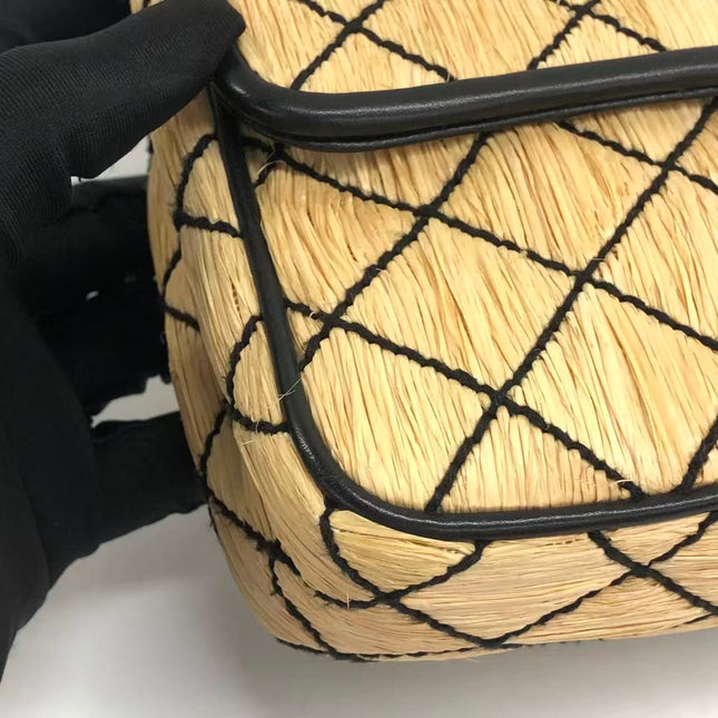 Chanel Medium Straw Wicker Flap Bag Black Diamond Wild Stitch