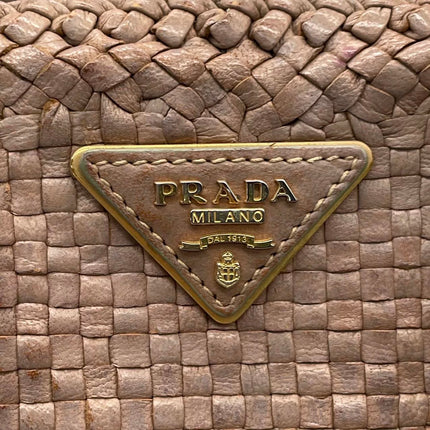 Prada Madras Brown Woven Leather Top Handle Shopping Tote Medium