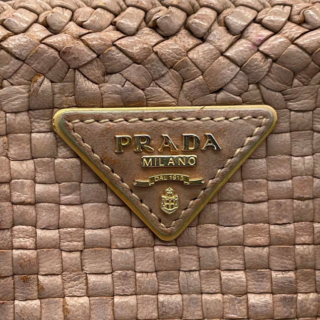 Prada Madras Brown Woven Leather Top Handle Shopping Tote Medium