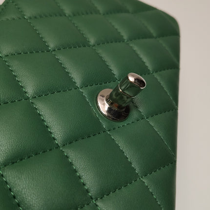 Chanel Classic Flap Mini Rectangular Green Lambskin Leather Silver Hardware