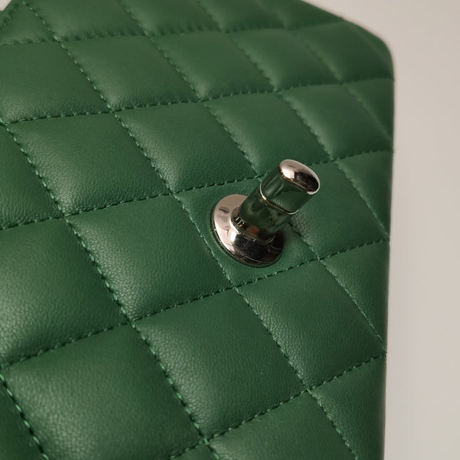 Chanel Classic Flap Mini Rectangular Green Lambskin Leather Silver Hardware