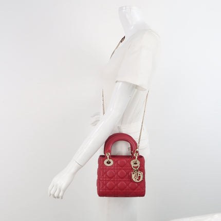 Lady Dior Mini 2020 Dark Red Lambskin Leather Gold HW Chain Strap