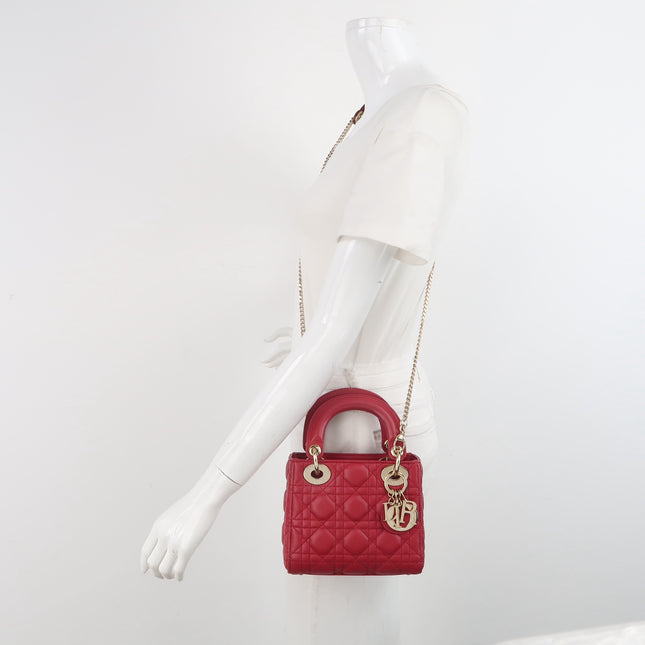 Lady Dior Mini 2020 Dark Red Lambskin Leather Gold HW Chain Strap