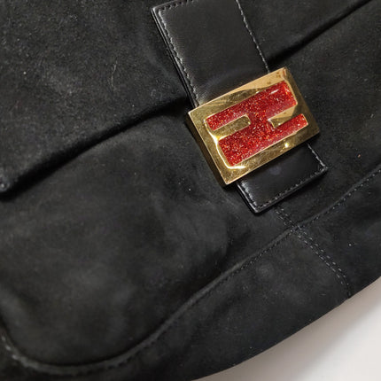 Fendi Mamma Baguette Black Suede Leather Red Buckle