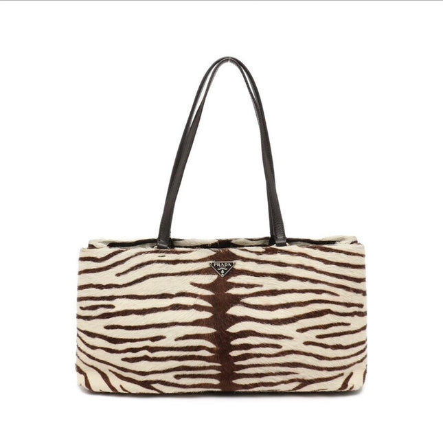Prada Zebra Print Pony-style Calfskin Leather Brown Shoulder Bag-Luxbags