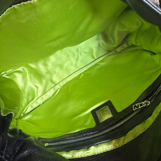 Fendi Mamma Baguette Black Lambskin Leather Green Enamel Buckle