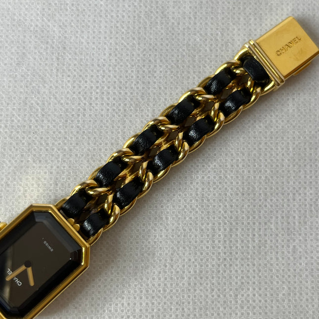 CHANEL 1987 Vintage PREMIERE Watch Medium Black Leather and 24KT Yellow Gold Plated