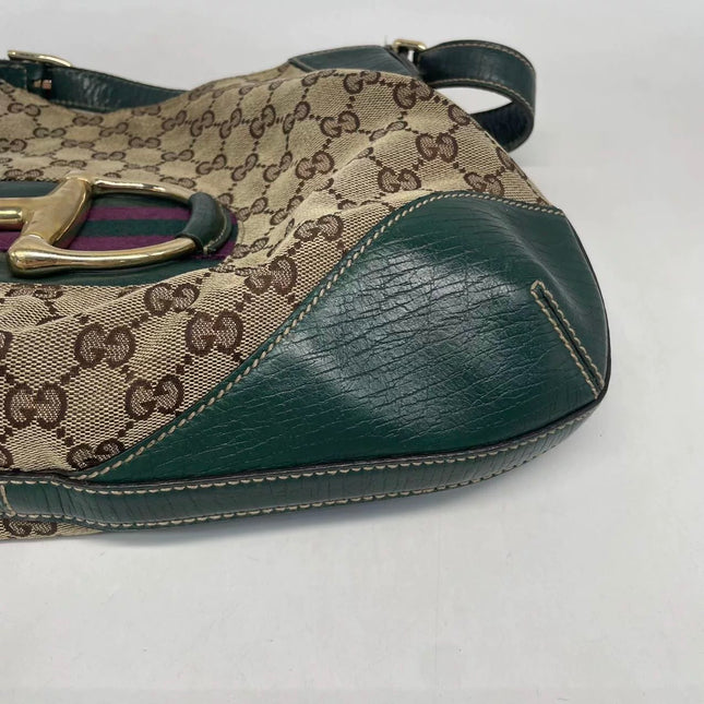 Gucci Large Vintage Green Leather and Monogram Side Horsebit Shoulder Bag