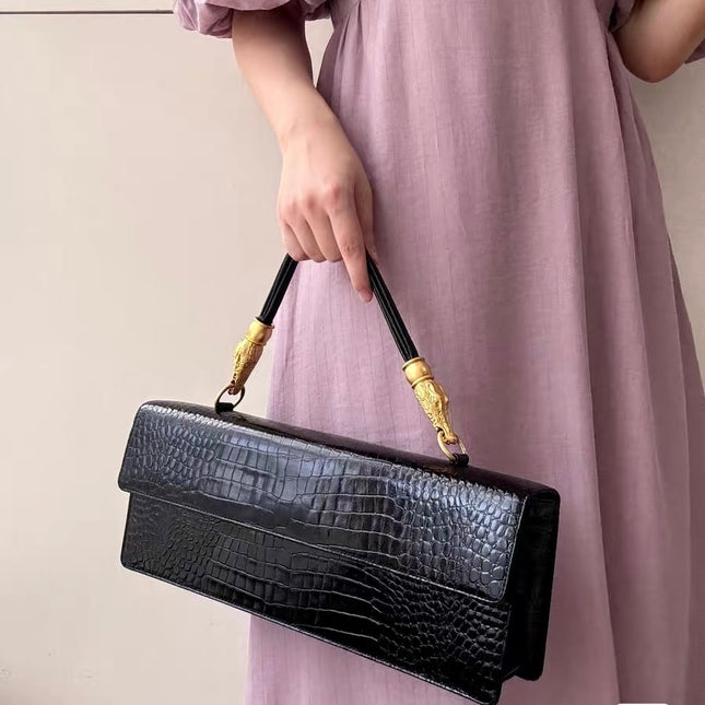 Hiroko Koshino Black Crocodile Print Calfskin Leather East West Clutch Bag