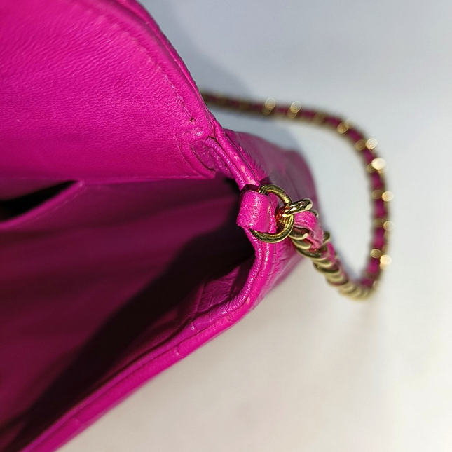 Chanel East West Chocolate Bar Fuchsia Pink Leather 24k Gold hardware