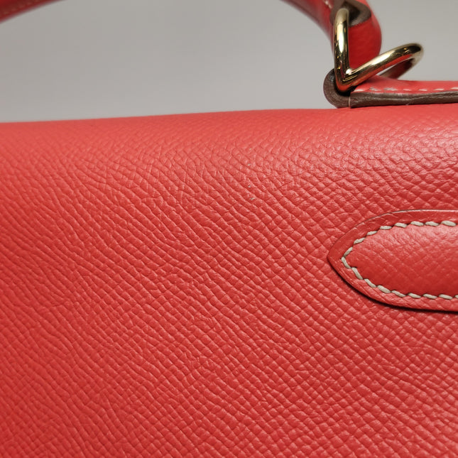 Hermes Kelly 28 Retourne Calfskin Leather Rose Exterior Brown Interior Gold Hardware Double Ring