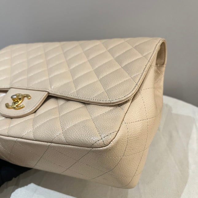 Chanel Classic Flap Jumbo Beige Caviar Leather Single Flap Silver Hardware
