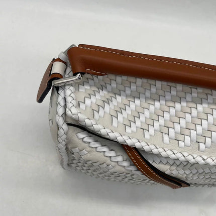 Loewe Puzzle Small Leather Woven Braided White Crossbody Bag