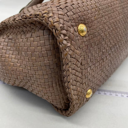 Prada Madras Brown Woven Leather Top Handle Shopping Tote Medium